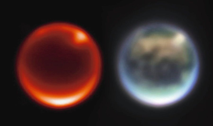 Der_Riesenmond_Titan,_aufgenommen_am_4._November_2022_mit_dem_Webb-Weltraumteleskop_im_Infraroten._Links_scheint_die_unt