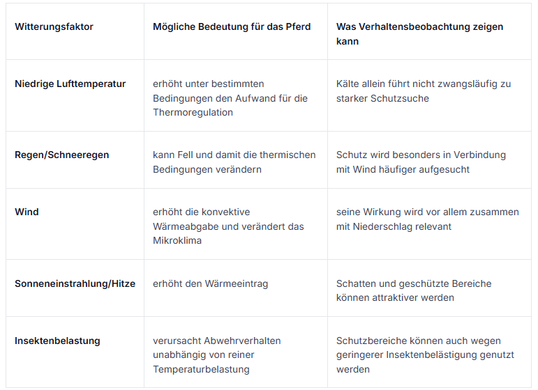 Tabelle Pferde und Witterung