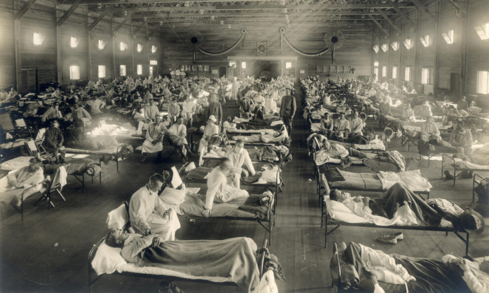 Patients at an emergency hospital at Camp Funston, Kansas during the 1918 flu pandemic.