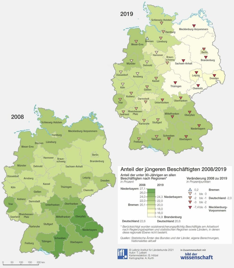 Deutschlandkarte Weniger junge Arbeitnehmer 07/2021