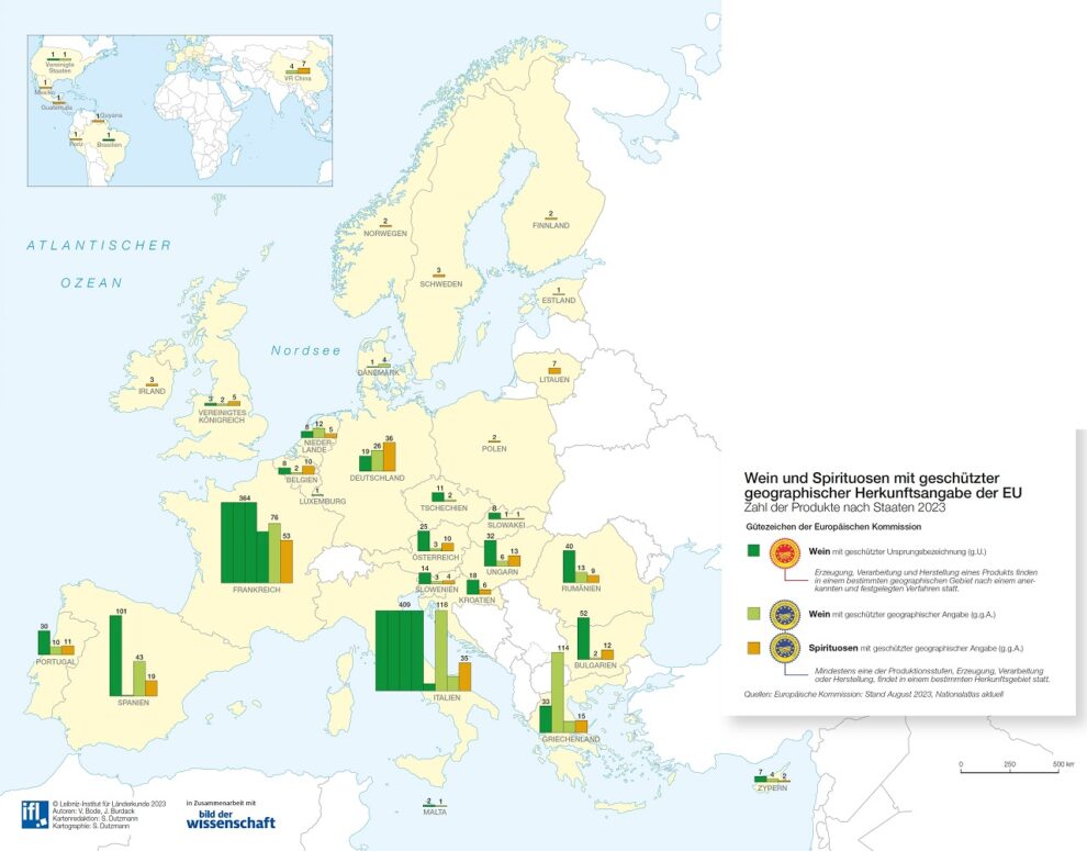 Europakarte Wein und Spirituosen mit geschützter geographischer Herkunftsangabe der EU 10/2023