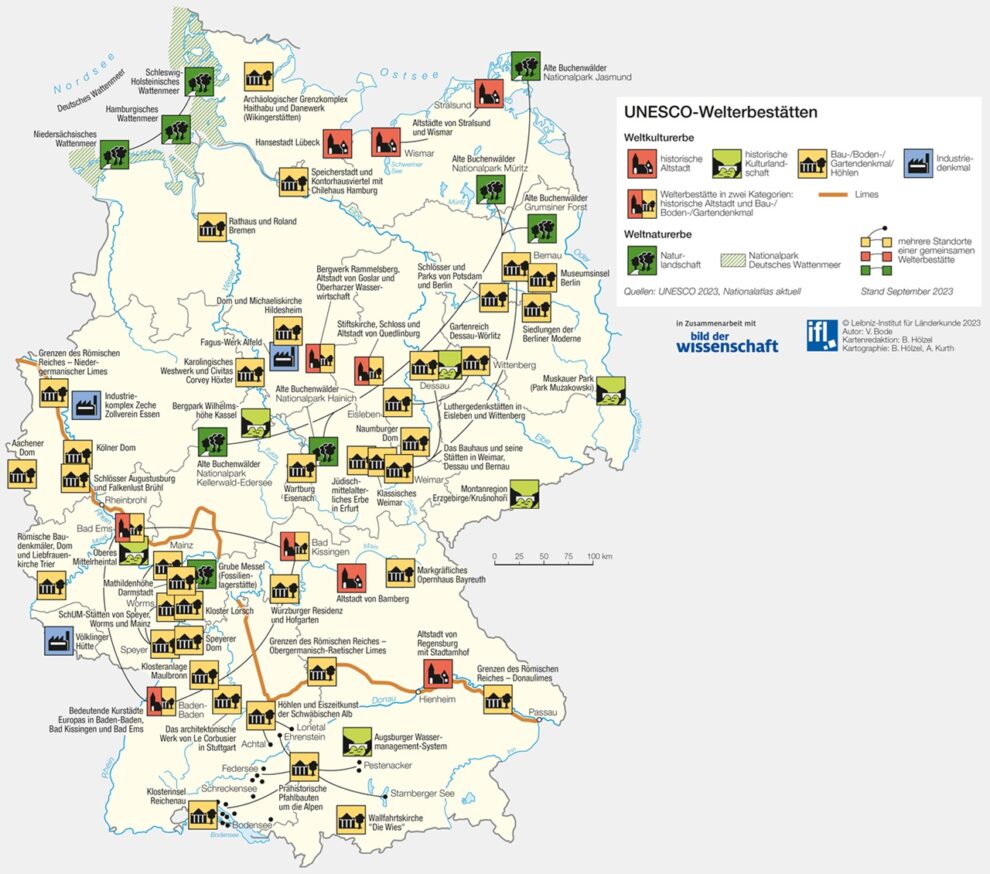 Deutschlandkarte UNESCO-Welterbestätten – Einzigartige Orte der Kultur und Natur 12/2023