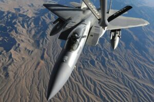 October_29,_2009_-_A_U.S._Air_Force_F-15_Eagle_aircraft_flies_toward_the_boom_of_a_KC-135_Stratotanker_aircraft_over_the_Nevada_Test_and_Training_Range,_north_of_Las_Vegas,_during_Red_Flag_10-1.__Red_Flag_is_a_realistic_combat_training_exercise_involving_the_air_forces_of_the_United_States_and_its_allies.__The_exercise_is_conducted_on_the_15,000-square-mile_Nevada_Test_and_Training_Range.