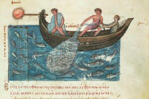 Buchmalerei,_byzantinisch,_11._Jh.__Drei_Fischer_beim_nächtlichen_Fischfang_mit_Netzen;_eine_Lampe_dient_dem_Anlocken_der_Fische.__Illustration_zu_Pseudo-Oppianos,_Kynegetica_(Gedicht_über_die_Jagd)._Cod._gr._479,_fol._59_r,_Venedig,_Biblioteca_Nazionale_Marciana.