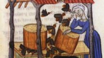 BEE-KEEPING_a_woman_attends_to_the_beehives_while_a_bear_is_attracted_by_the_scent_of_the_honey._Miniature_draft_from_a_French_code_of_the_5th_century_dell''_Erbario_of_Dioscoride'.