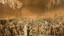 XIR34107_The_Tennis_Court_Oath,_20th_June_1789,_1791_(pen_washed_with_bistre_with_highlights_of_white_on_paper)_(see_also_14667)_by_David,_Jacques_Louis_(1748-1825);_66x101.2_cm;_Château_de_Versailles,_France;_(add.info.:_by_David,_Jacques_Louis).