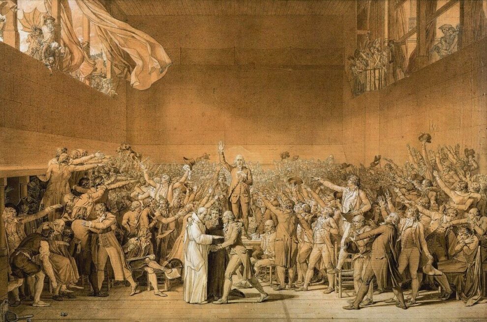 XIR34107_The_Tennis_Court_Oath,_20th_June_1789,_1791_(pen_washed_with_bistre_with_highlights_of_white_on_paper)_(see_also_14667)_by_David,_Jacques_Louis_(1748-1825);_66x101.2_cm;_Château_de_Versailles,_France;_(add.info.:_by_David,_Jacques_Louis).