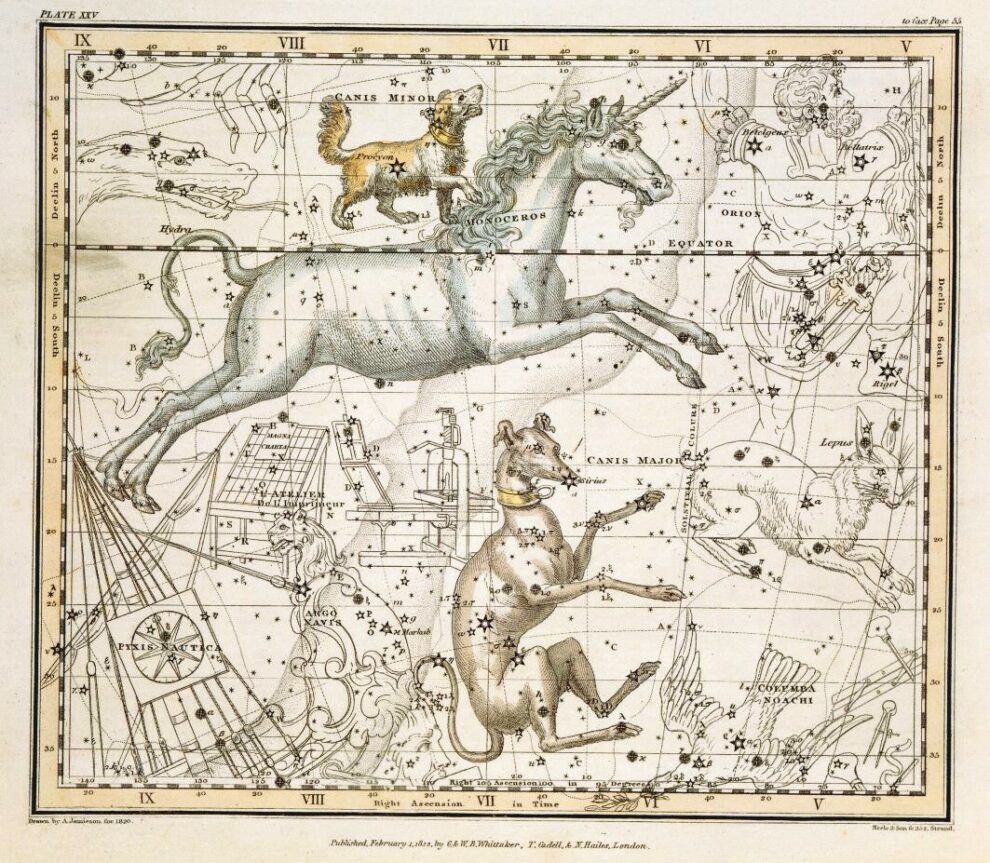 STC129815_Monoceros,_from_\'A_Celestial_Atlas\',_pub._in_1822_(coloured_engraving)_by_Jamieson,_Alexander_(fl.1820);_Private_Collection;_(add.info.:_book_dedicated_to_George_IV;);_The_Stapleton_Collection.