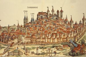 Nürnberg._–_Ansicht_der_Stadt_Nürnberg_(rechts_unten_die_Papiermühle_Ullmann_Stromers)._Holzschnitt,_koloriert,_1493._Aus:_Hartmann_Schedel,_Liber_chronicarum_(Weltchronik),_Nürnberg_(A.Koberger)_1493.