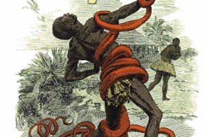 A_1906_Punch_cartoon_depicting_Leopold_II_as_a_rubber_snake_entangling_a_Congolese_rubber_collector._Leopold_II_(April_9,_1835_-_December_17,_1909)_Under_his_regime_millions_of_the_Congolese_people_died.