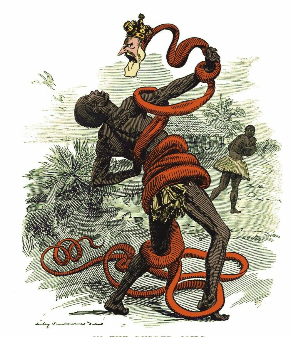 A_1906_Punch_cartoon_depicting_Leopold_II_as_a_rubber_snake_entangling_a_Congolese_rubber_collector._Leopold_II_(April_9,_1835_-_December_17,_1909)_Under_his_regime_millions_of_the_Congolese_people_died.