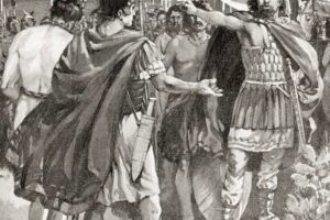 3714018_The_surrender_of_Mancinus_during_the_Numantine_War,_137_Bc.Gaius_Hostilius_Mancinus,_Roman_consul,_from_Hutchinson\'s_History_of_the_Nations,_pub._1915_by_English_School,_(20th_century);_Private_Collection;_(add.info.:_The_surrender_of_Mancinus_during_the_Numantine_War,_137_BC._Gaius_Hostilius_Mancinus,_Roman_consul._From_Hutchinson\'s_History_of_the_Nations,_published_1915.).