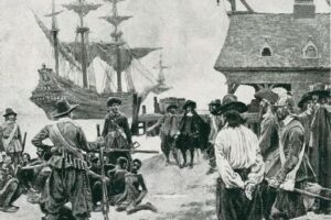 BAL108901_The_Landing_of_Slaves_at_Jamestown_from_a_Dutch_Man-of-War,_1619,_illustration_from_\'Colonies_and_Nation\'_by_Woodrow_Wilson,_pub._in_Harper\'s_Magazine,_1901_(litho)_by_Pyle,_Howard_(1853-1911)_(after);_Private_Collection;_(add.info.:_by_Howard_Pyle).