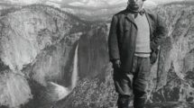 President_Theodore_Roosevelt_posing_against_the_rugged_terrain_of_Glacier_Point_in_Yosemite_Valley_where_he_was_camping_with_John_Muir._Subsequent_to_this_trip,_President_Roosevelt_signed_a_bill_on_June_11,_1906,_declaring_the_valley_as_Yosemite_National_Park,_and_effectively_putting_it_under_the_control_of_the_Federal_Government.