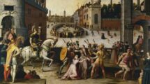 Antoine_Caron_(1515-93):_France,_1591._Arrest_and_execution_of_Thomas_More_(1478-1535)._Chancellor_to_Henry_VIII_(in_red,_mounted_in_archway_on_left),_English_statesman,_scholar_saint_and_martyr._In_right_foreground_is_dog,_representing_faithfulness._Musee_de_Blois.