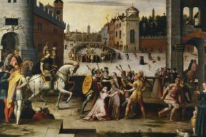 Antoine_Caron_(1515-93):_France,_1591._Arrest_and_execution_of_Thomas_More_(1478-1535)._Chancellor_to_Henry_VIII_(in_red,_mounted_in_archway_on_left),_English_statesman,_scholar_saint_and_martyr._In_right_foreground_is_dog,_representing_faithfulness._Musee_de_Blois.