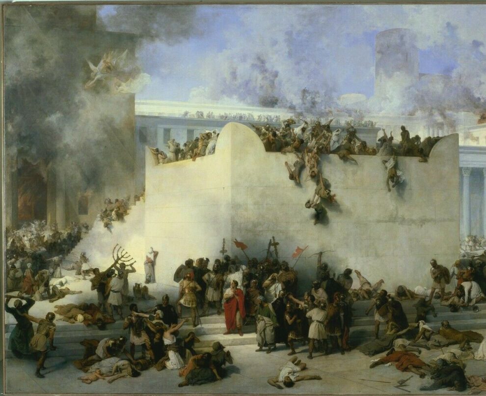 Zerstörung_des_Tempels_von_Jerusalem_durch_die_Römer_unter_Titus,_30._August
70_n._Chr.

“Die_Zerstörung_des_Tempels_von_Jerusalem”.

Gemälde,_1867,_von_Francesco_Hayez_(1791–1882).
Öl_auf_Leinwand,_182_×_282_cm.
Inv._Nr._441
Venedig,_Galleria_dell’Accademia.