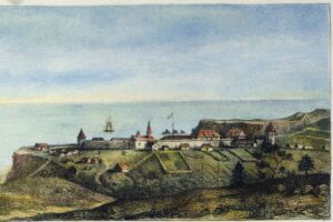 GCL3160258_CALIFORNIA:_RUSSIAN_FORT_A_view_of_the_Russian_establishment_of_Bodega_(Fort_Ross)_on_the_coast_of_New_Albion_(California)_in_1828._Lithograph,_French,_1833.;_(add.info.:_CALIFORNIA:_RUSSIAN_FORT_A_view_of_the_Russian_establishment_of_Bodega_(Fort_Ross)_on_the_coast_of_New_Albion_(California)_in_1828._Lithograph,_French,_1833.);_Granger.