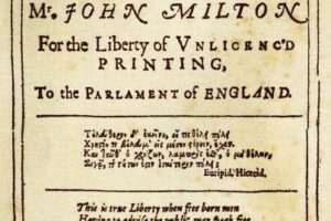 MILTON_Cover_"Areopagitica"_by_John_Milton_(1608-1674)_Facsimile_of_the_work_published_in_1644._The_name_is_taken_from_the_prayer_of_the_Areopagus_greek._Speech_directed_against_the_suppression_of_press_freedom_ordered_by_the_British_Parliament,_by_application_of_14_June_1643.