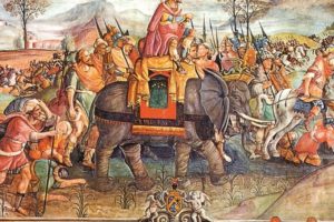 HANNIBAL_(249-183_a.C.)_general_cartaginese_transported_from_an_elephant,_guides_its_army_through_the_Alps_in_order_to_attack_the_roman_army_behind,_218_a.C._Stampa_from_painting_of_the_16th_century