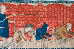 1325.__Bauern_bei_der_Getreideernte_unter_Aufsicht_eines_vom_Grundherrn_bestellten_Beamten.__Aus_dem_Psalter_der_Königin_Maria_(Queen_Mary_Psalter)._Royal_Ms_2._B._VII,_78_v,_London,_British_Library.