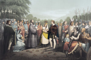 Romantisierende Darstellung der Hochzeit des Siedlers und Tabakpflanzers John Rolfe mit der Häuptlingstochter Pocahontas im Jahr 1614. Ohne die Hilfe der indigenen Stämme konnten die frühen europäischen Siedler in Virginia kaum überleben.