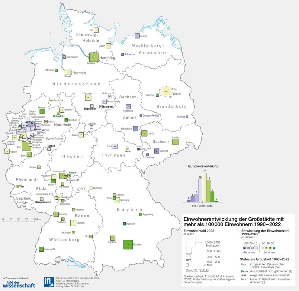 Deutschlandkarte Einwohnerentwicklung der dt. Großstädte 05/2024