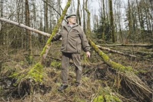 Mann in geschädigtem Wald